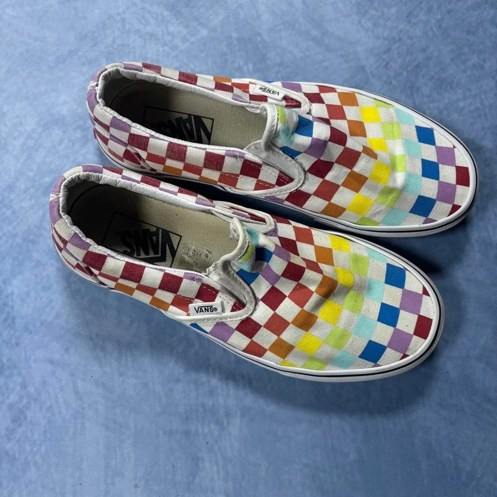 Vans rainbow checkered slip on sneakers